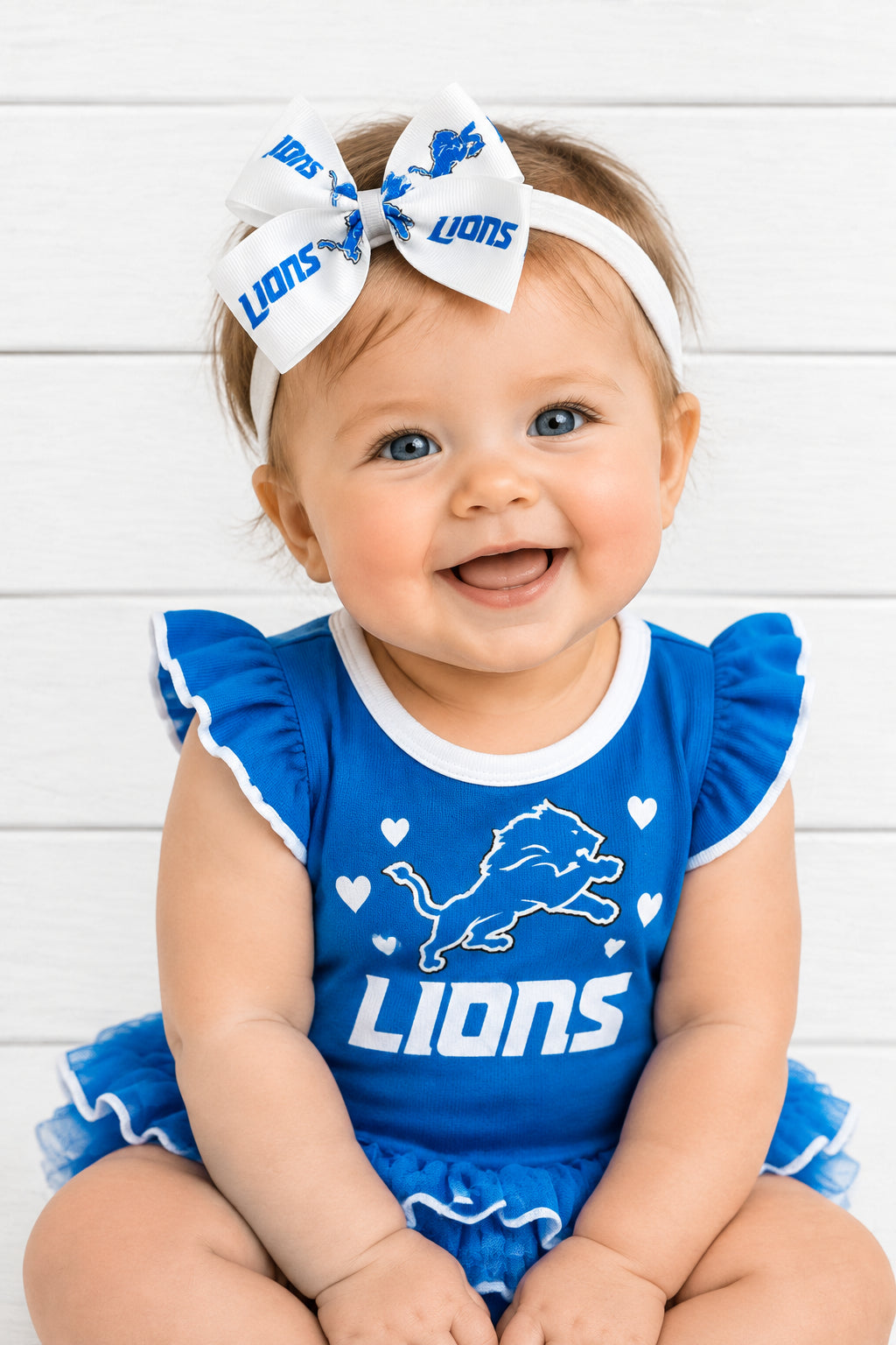 Detroit Lion's Stretch Headband w/White Bow, football, kids, sports, toddler