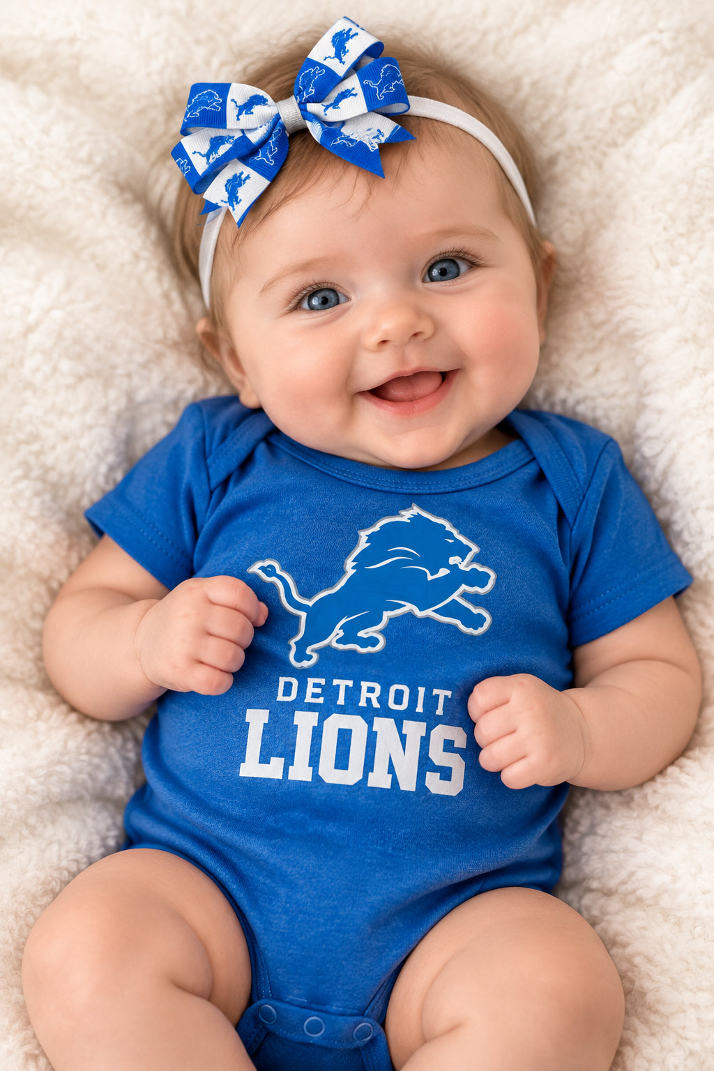 Detroit Lion's Stretch Headband w/Blue & White bow, football, kids, sports, toddler