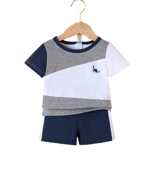 Navy, Gray & White Patchwork Short Outfit, kids, clothing, set, boy