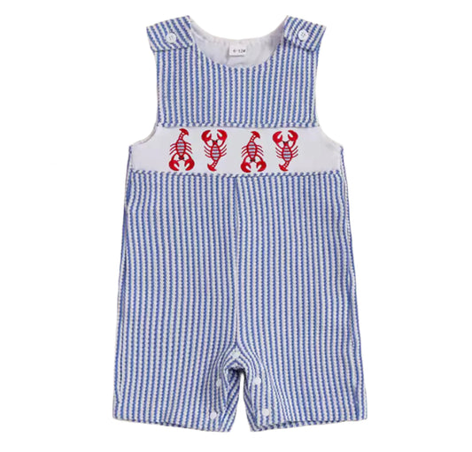 Lobster Pinstripe Romper, infant, clothing, boy, embroidered, blue, kids