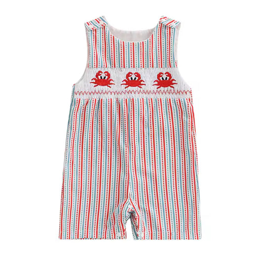 Crab Striped Romper, infant, clothing, boy, embroidered, red, kids