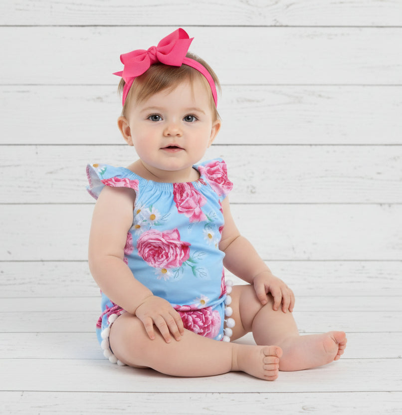 Blue Rose Flutter Sleeve Romper, girl, kids, floral, baby, gift