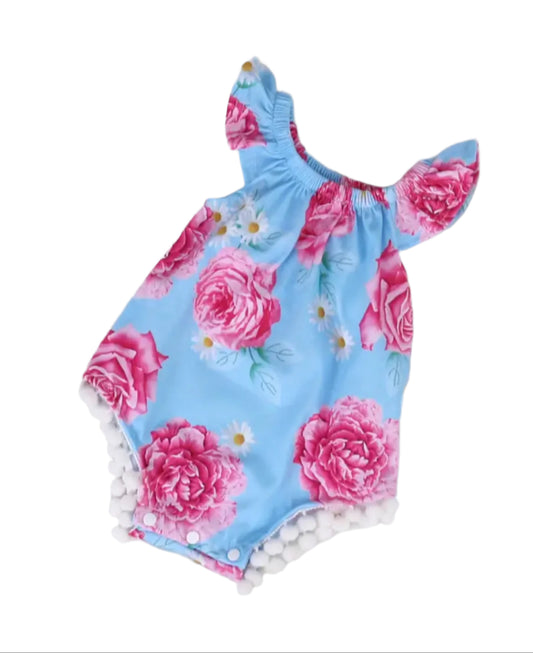Blue Rose Flutter Sleeve Romper, girl, kids, floral, baby, gift - SALE