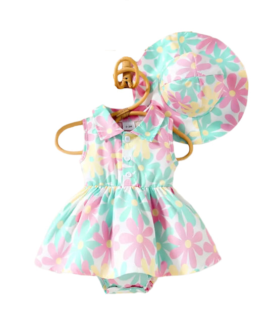Colorful Daisy Dress Set, girl, toddler, clothing, outfit, hat