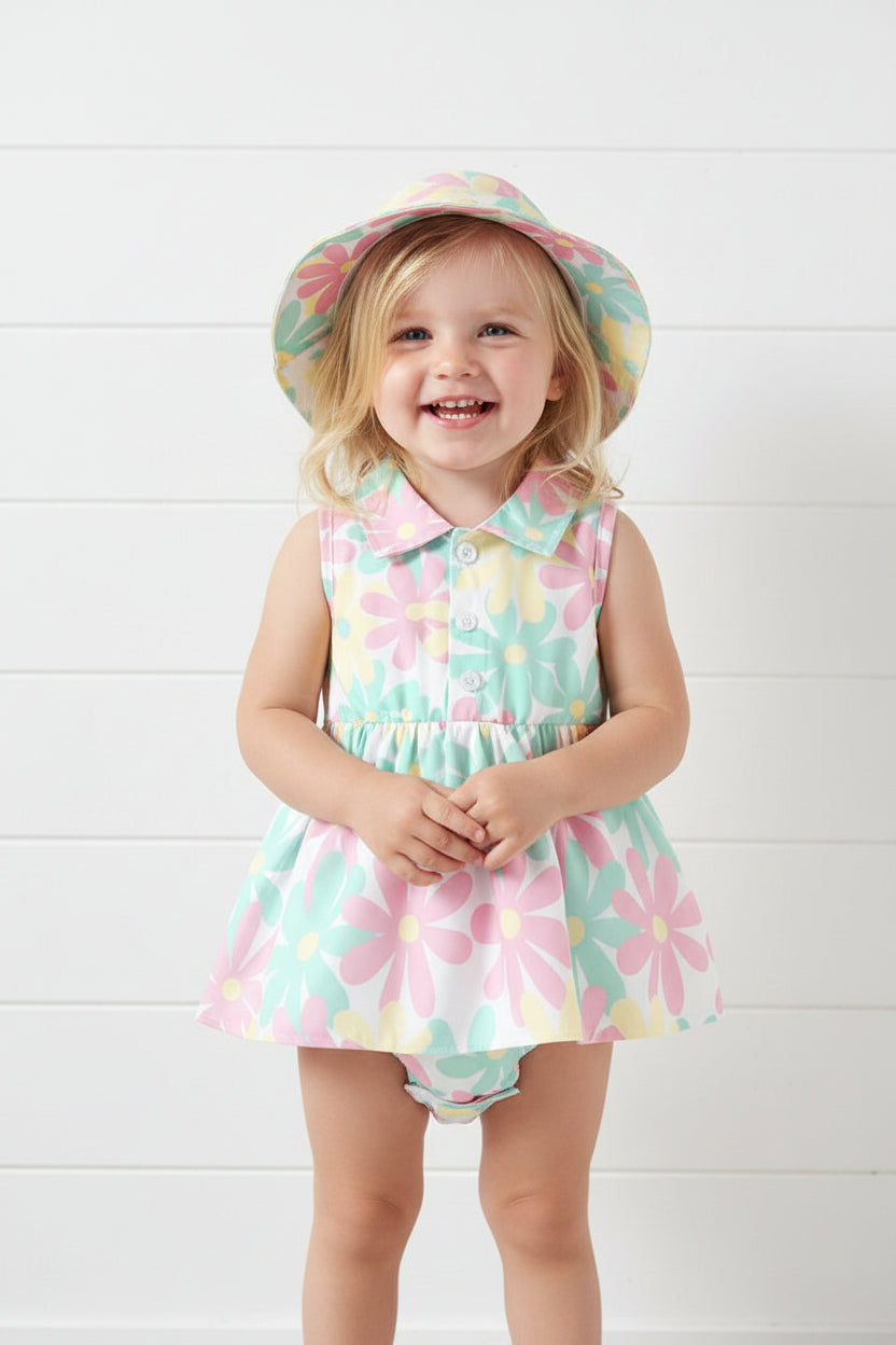 Colorful Daisy Dress Set, girl, toddler, outfit, sunhat / SALE