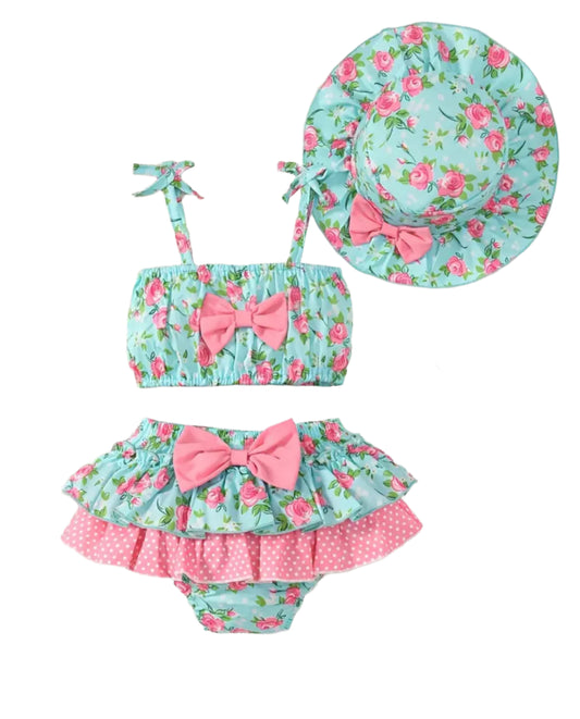 Blue Cottage Rose Ruffle Short Set, girl, toddler, clothing, outfit, hat / SALE