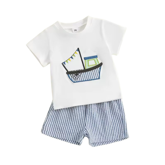 Pinstripe Tug Boat Short Set, kids, clothing, outfit, boy