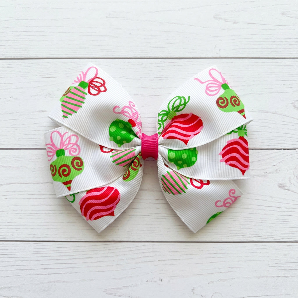 Pink & Green Ornament Hair Bow, girl, holiday, Christmas