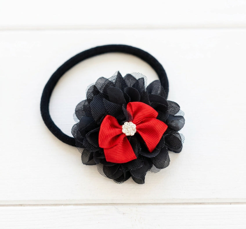 Black Flower Nylon Headband w/Bow, baby, toddler, child, holiday