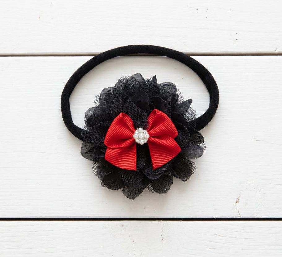 Black Flower Nylon Headband w/Bow, baby, toddler, child, holiday