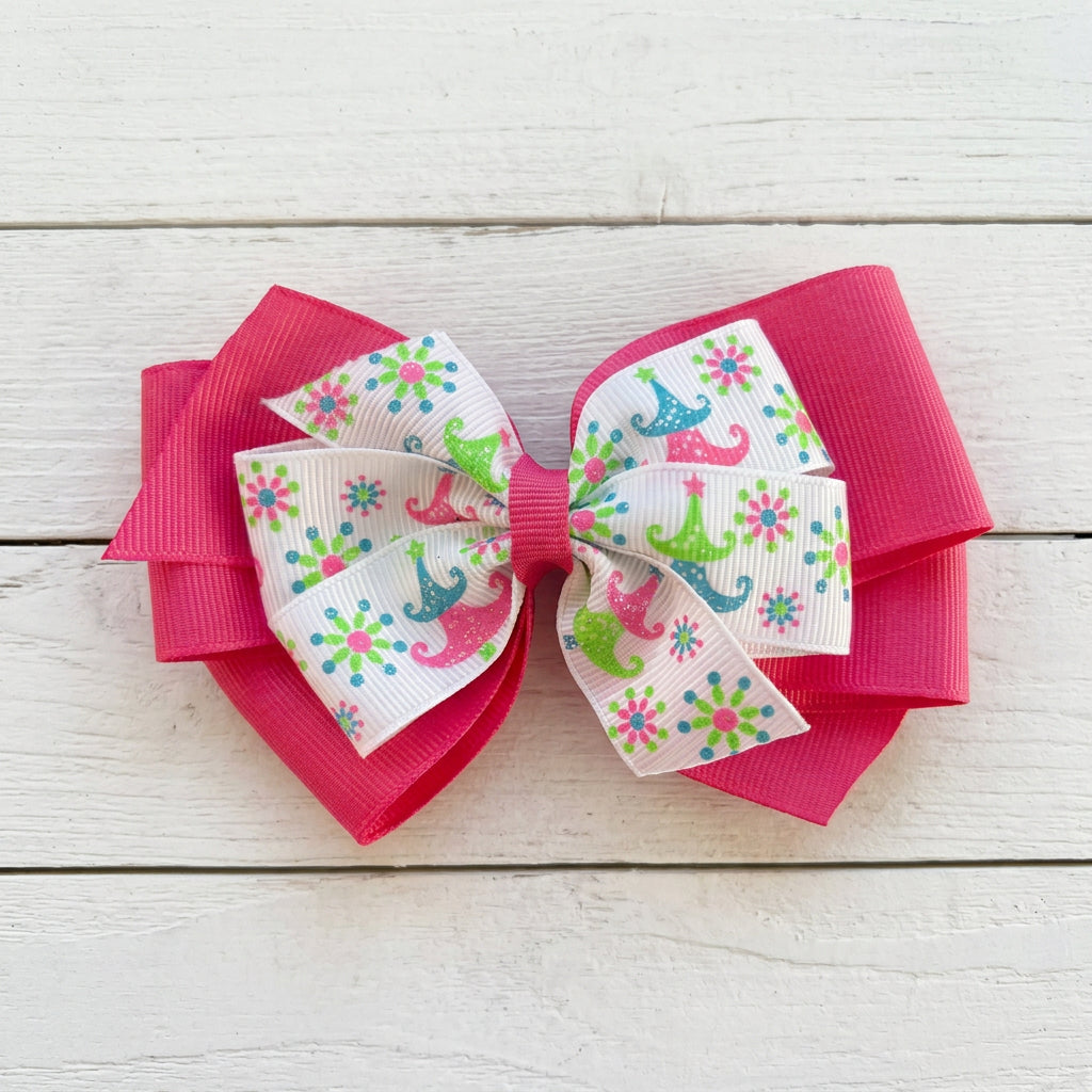 Pink & Green Whimsical Holiday Hair Bow, girl, kids, clip, Winter, Christmas