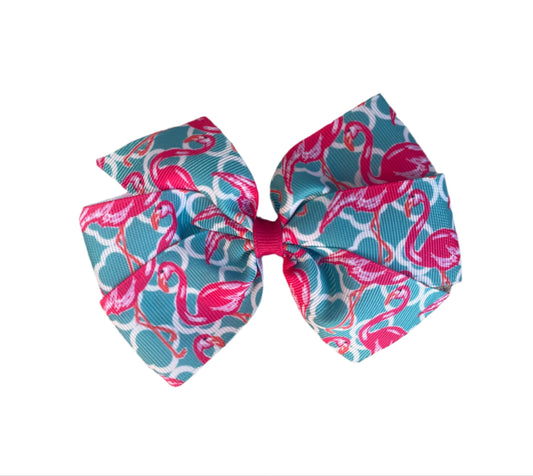 Pink Flamingo Preppy Hair Bow, quatrefoil, girl, clip, aqua