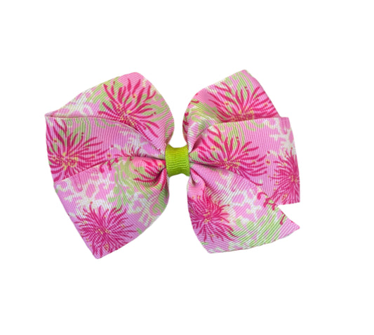 Pink & Green Coral Hair Bow, girl, clip, preppy