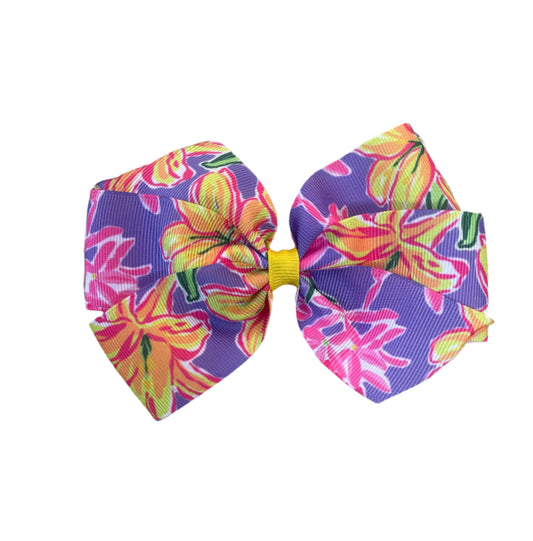 Pink & Yellow Lillies Hair Bow, girl, clip, purple, flowers, preppy