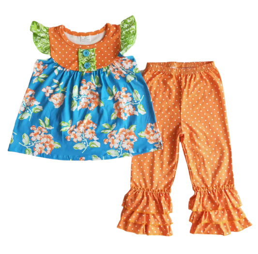 Boutique Orange & Blue Ruffle Outfit, girl, kids, set, polka dots