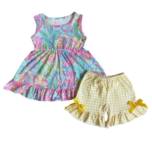 Yellow Coral Ruffle Short Set, girl's, outfit, clothing, Summer, Back to School