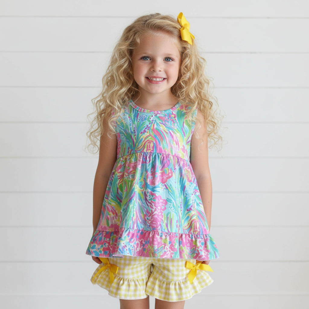 Yellow Coral Ruffle Short Set, girl's, outfit, clothing, Spring, Summer, Easter