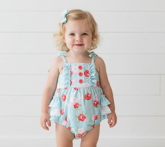 Cottage Rose Print Romper, girl's, Milk Silk, baby, shabby chic