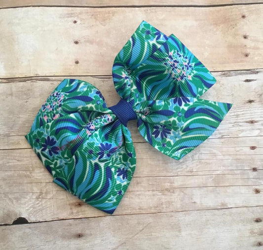 Green & Blue Floral Preppy Hair Bow, girl, clip