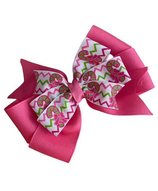 Pink & Green Candy Cane Glitter Hair Bow, girl, kids, clip, Winter, holiday