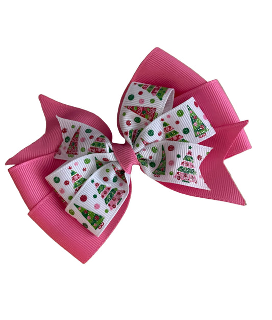 Pink & Green Holiday Tree Hair Bow, girl, kids, clip, Winter, Christmas