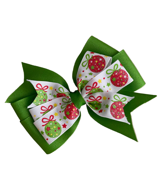 Red & Green Ornaments Hair Bow, girl, kids, clip, Winter, holiday, Christmas