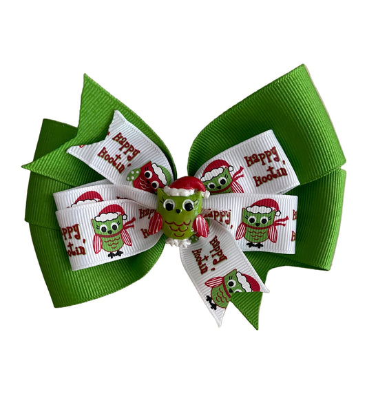 Holiday Hootin Green Owl Hair Bow, girl, kids, clip, Winter, Christmas