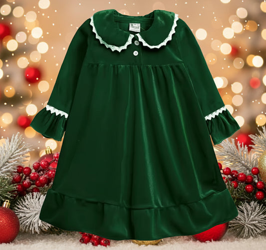 Emerald Velvet Night Gown, girl's, Sleeper, holiday, gift, pajamas