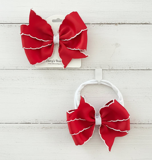 Red Crochet Trim Hair Bow or Headband, girl, kids, clip, holiday