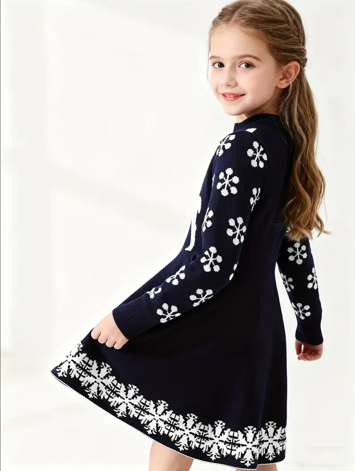 Navy Blue Snowflake Sweater Dress, girl, kids, holiday, Winter, Nordic reindeer