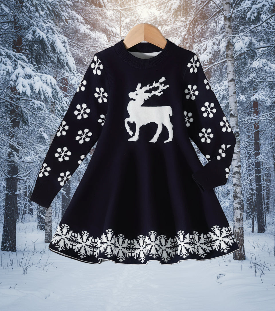 Navy Blue Snowflake Sweater Dress, girl, kids, holiday, Winter, Nordic reindeer