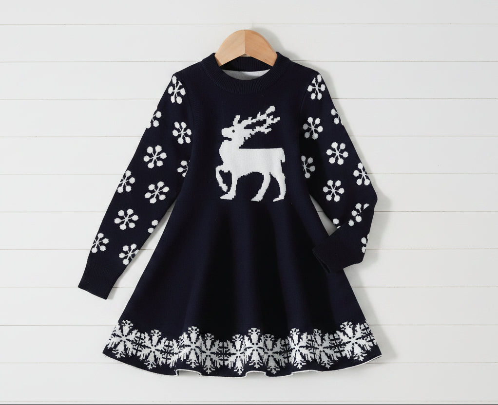 Navy Blue Snowflake Skater Sweater Dress, girl, kids, holiday, Nordic reindeer / SALE
