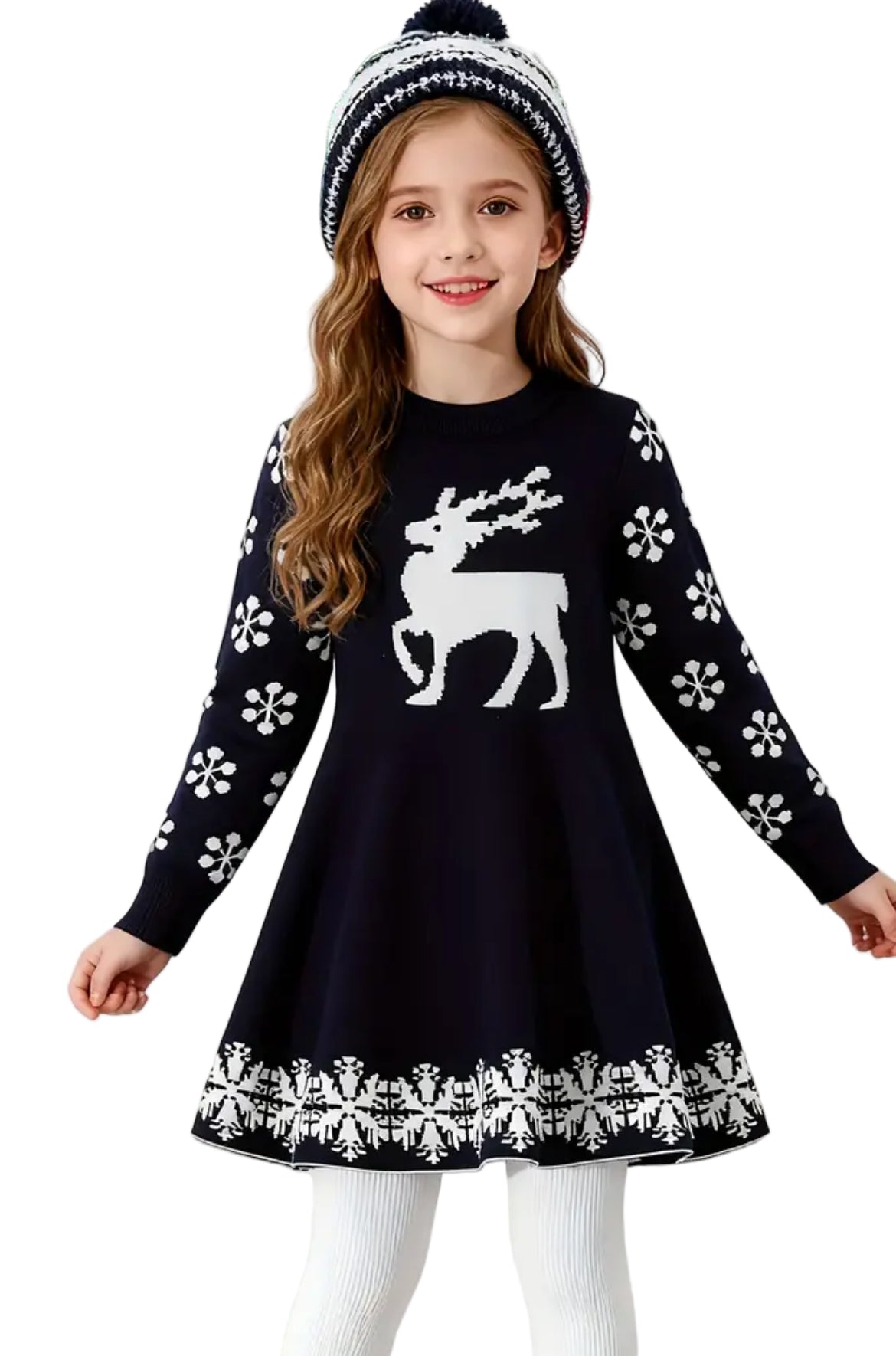 Navy Blue Snowflake Sweater Dress, girl, kids, holiday, Winter, Nordic reindeer