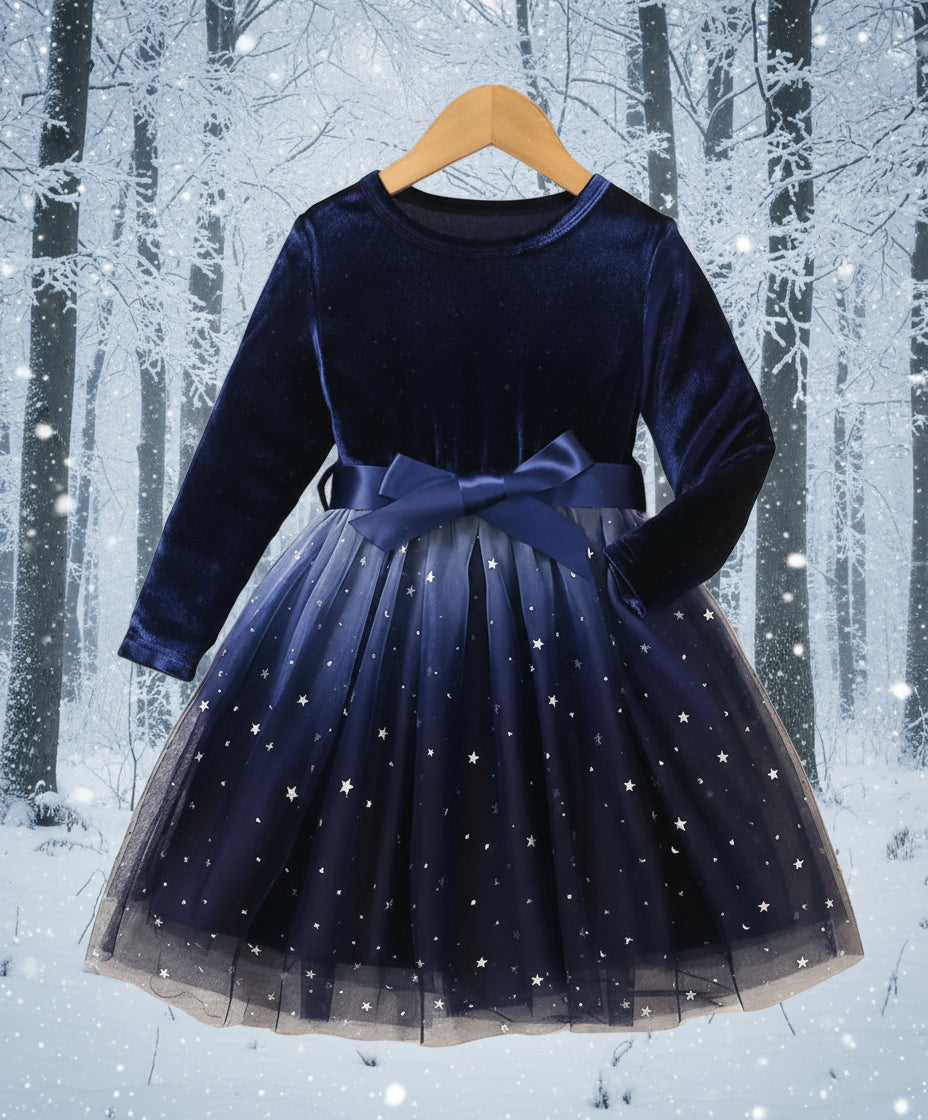 Tulle & Stretch Velvet Navy Blue Dress, girls, holiday, wedding