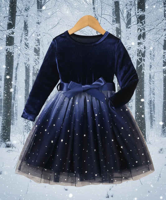 Tulle & Stretch Velvet Navy Blue Dress, girls, holiday, wedding