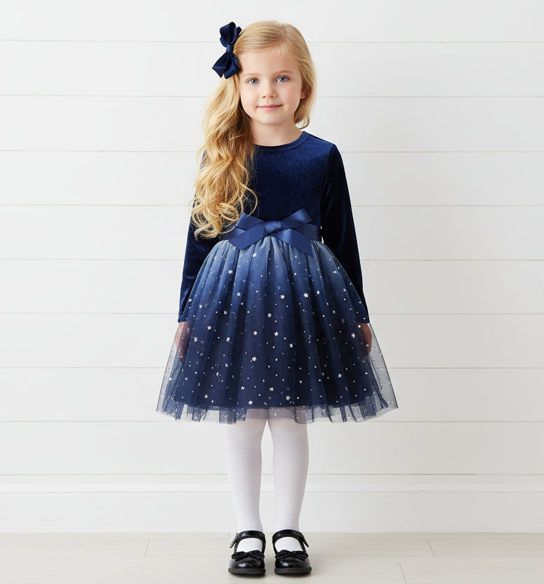 Navy Blue Tulle & Stretch Velvet Navy Dress, girls, holiday, wedding / SALE