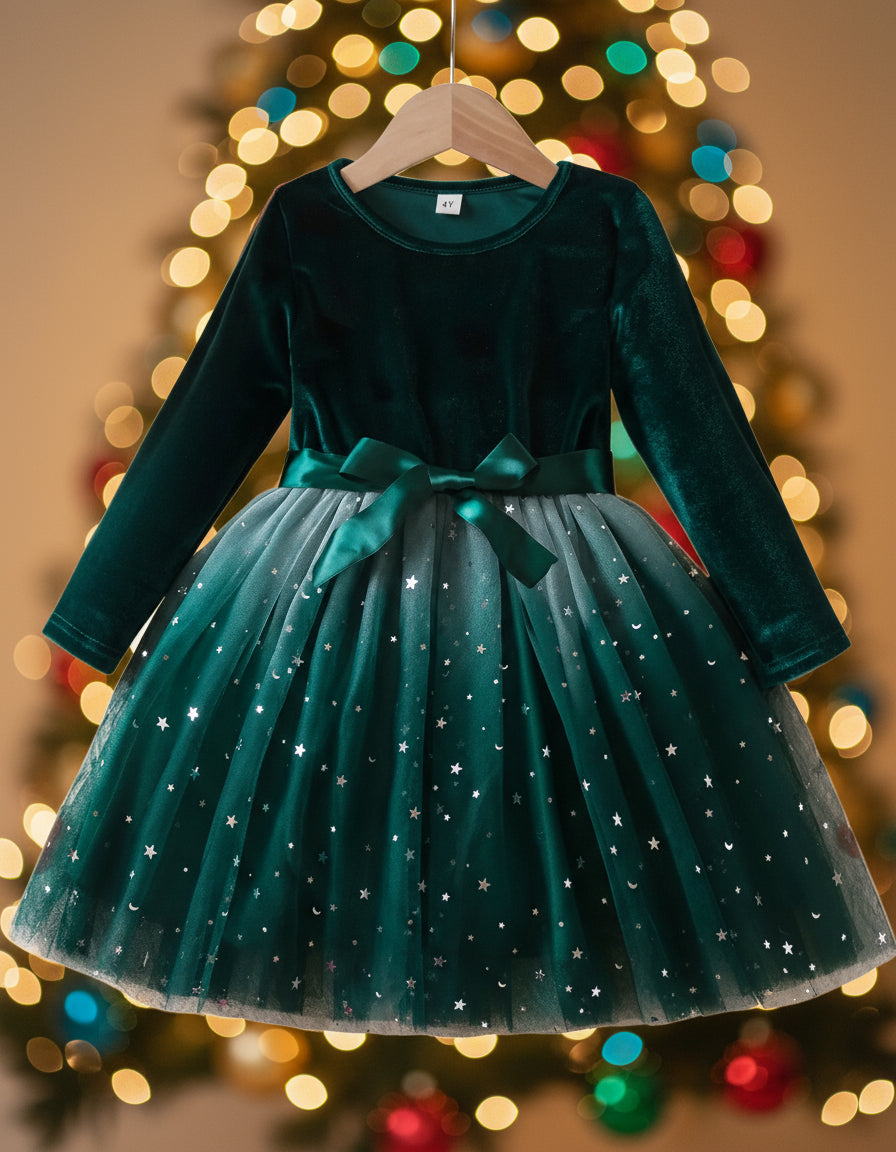 Tulle & Stretch Velvet Emerald Dress, girls, holiday, wedding