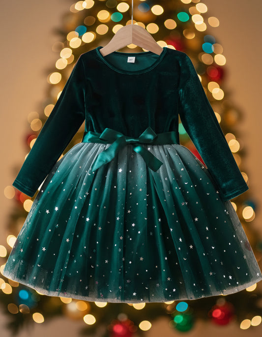 Tulle & Stretch Velvet Emerald Dress, girls, holiday, wedding