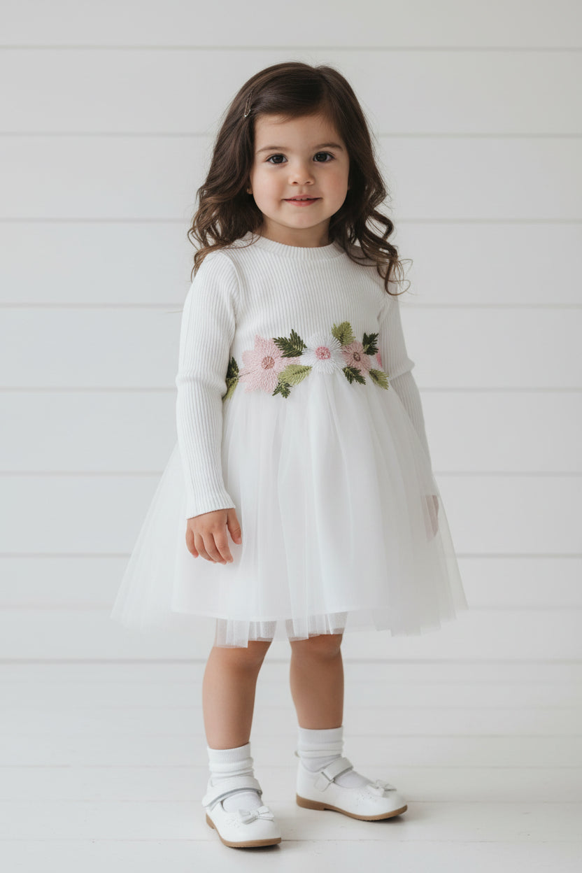 White Tutu  Dress w/Embroidered Flowers, baby, toddler, girl, party, Baptism, wedding