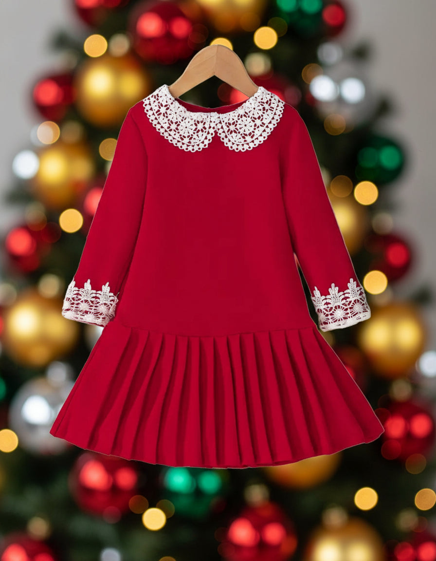 Red Pleated Long Sleeve Dress, girl, kids, holiday