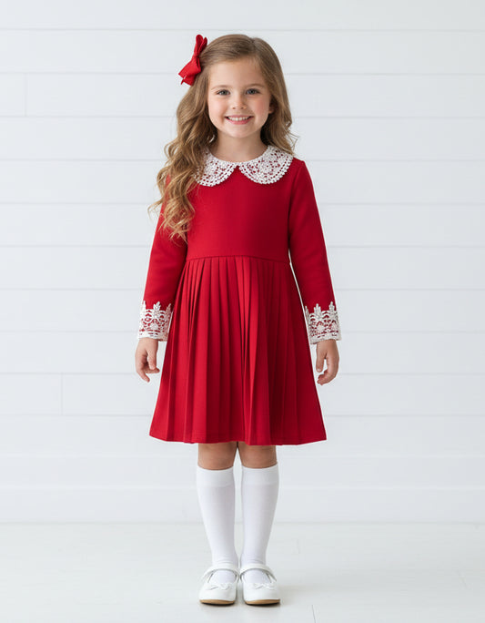 Red Pleated Long Sleeve Dress, girl, kids, holiday