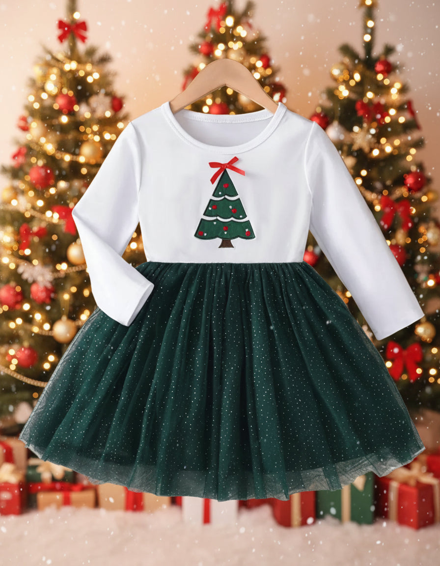 Green & White Christmas Tree Tulle Dress, girl, kids, holiday, Winter