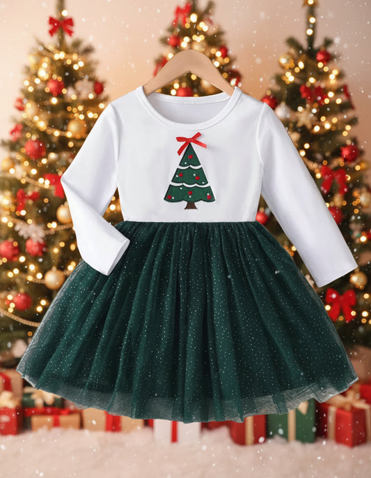 Green & White Christmas Tree Tulle Dress, girl, kids, holiday, Winter