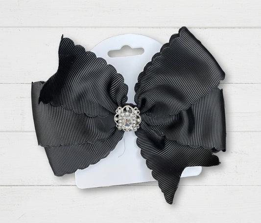 Black Scalloped Hair Bow w/Rhinestone Center, girl, holiday, wedding