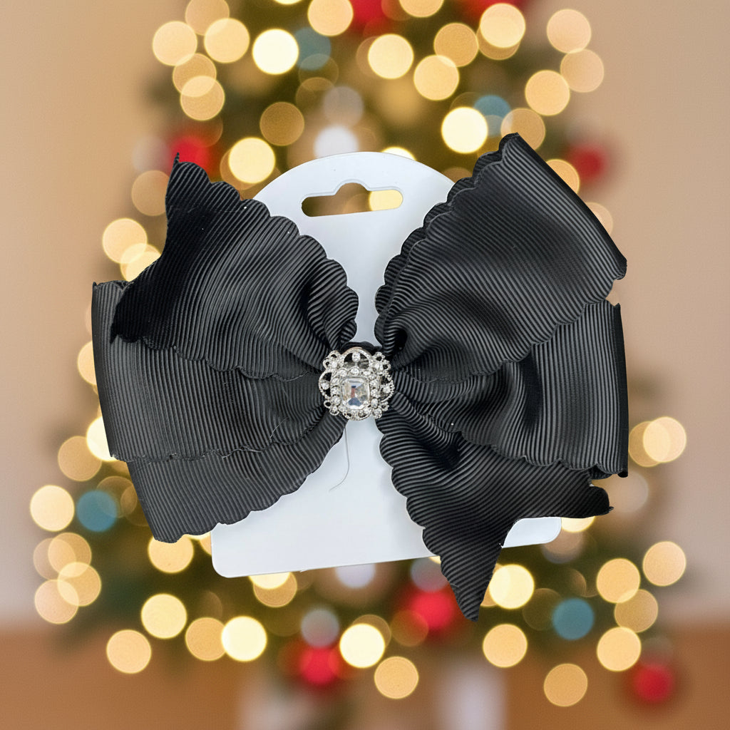 Black Scalloped Hair Bow in Emerald Green, girl, holiday, Christmas