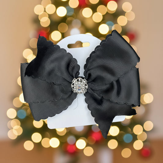 Black Scalloped Hair Bow in Emerald Green, girl, holiday, Christmas