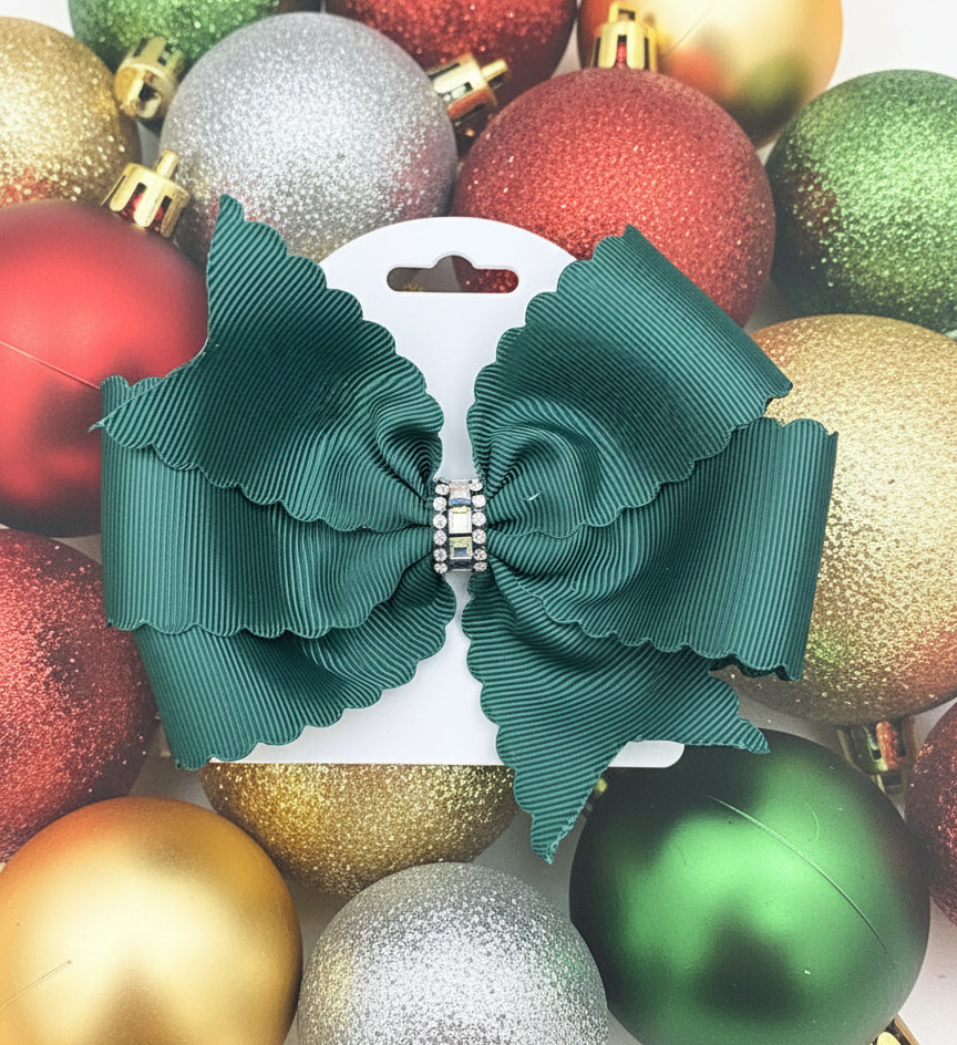 Emerald Green Scalloped Hair Bow with Rhinestone Wrap, girl, holiday, Christmas