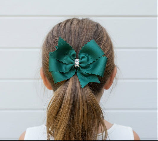 Emerald Green Scalloped Hair Bow with Rhinestone Wrap, girl, holiday,