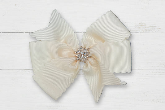 Off White Scalloped Hair Bow w/Rhinestone Center, girl, holiday, Wedding