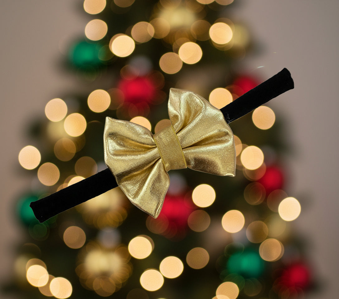 Gold Bow on Nylon Headband, girl, stretch, holiday